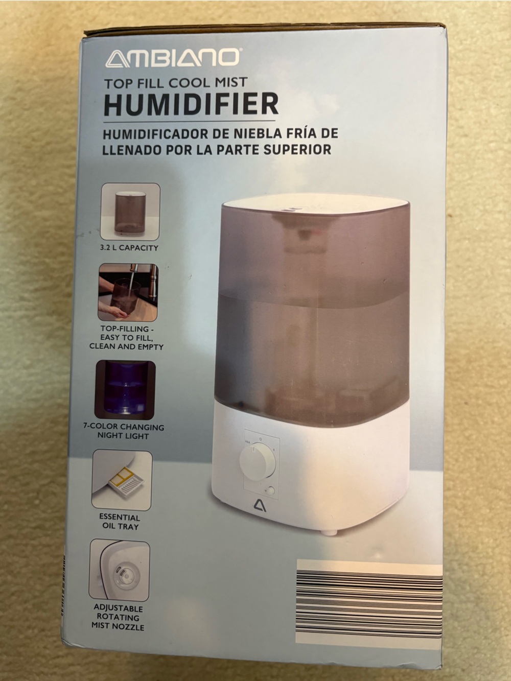 Top-Fill Cool Mist Humidifier 7 Color Nightlight Quiet With Essential Oil Tray